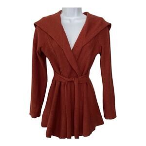 Rosie Neira 100% Wool Hooded Wrap Coat XS Rust Red Belted Boiled Wool Jacket